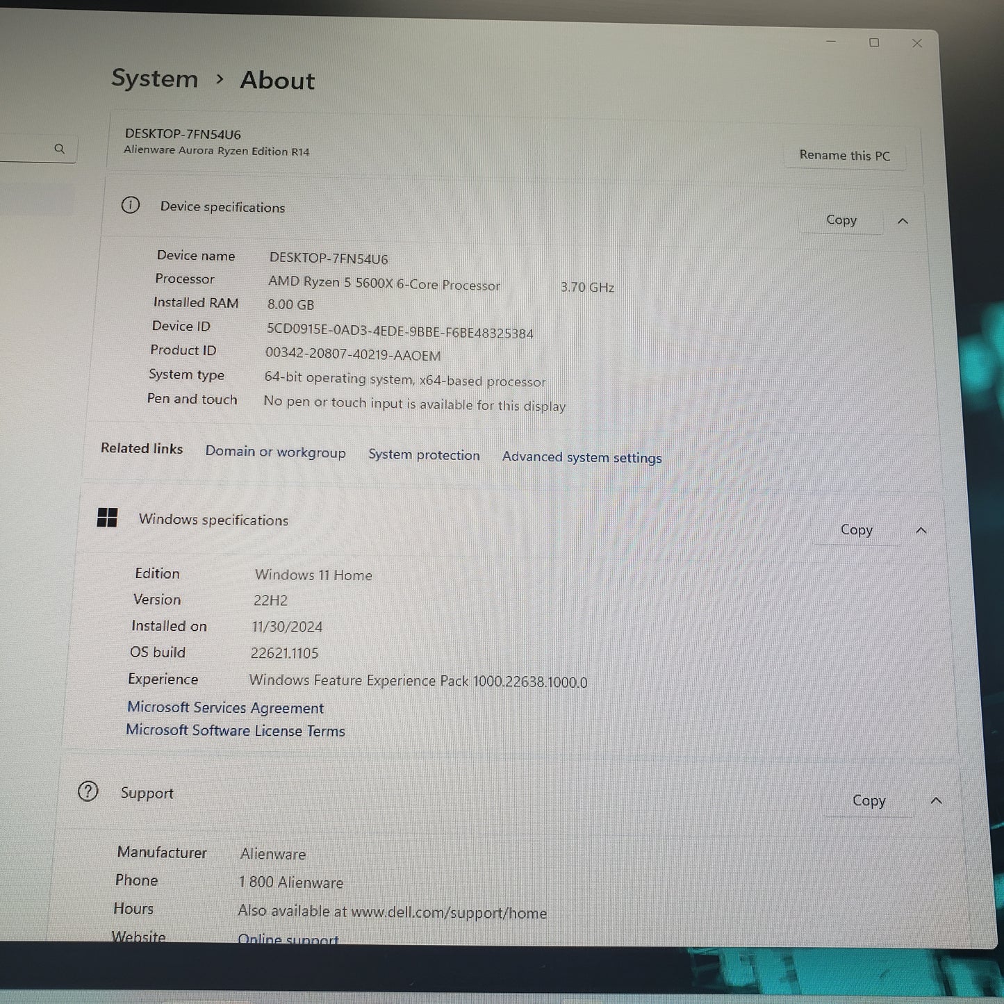 AlienWare Aurora R14 Ryzen 5 5600X 3.70GHz 8GB RAM 256GB SSD AMD Radeon RX 5300