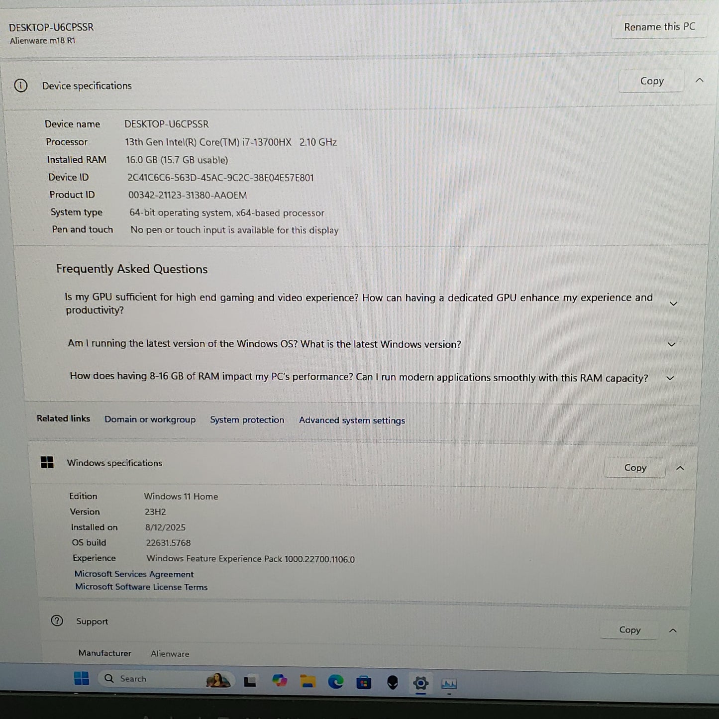 Alienware m18 R1 18" i7-13700HX 2.1GHz 16GB RAM 1TB SSD GeForce RTX 4060