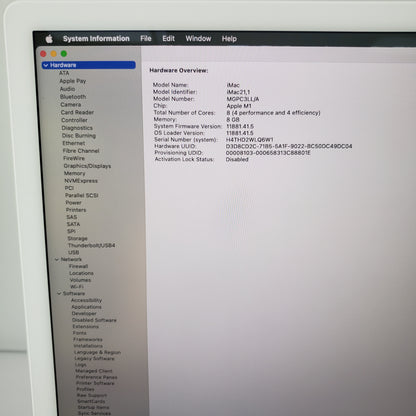 2021 Apple iMac 24" M1 8 Core 3.2GHz 8GB RAM 256GB SSD Silver MGPC3LL/A