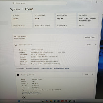 Lenovo Legion T5 26AMR5 26AMR5 Ryzen 7 5800 3.40GHz 16GB RAM 256GB SSD 1TB HDD GeForce RTX 3060 