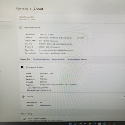 HP Touch All-In-One 22 CVUS8SG 21.5" Ryzen 3 3250U 2.60GHz 8GB RAM 1TB HDD