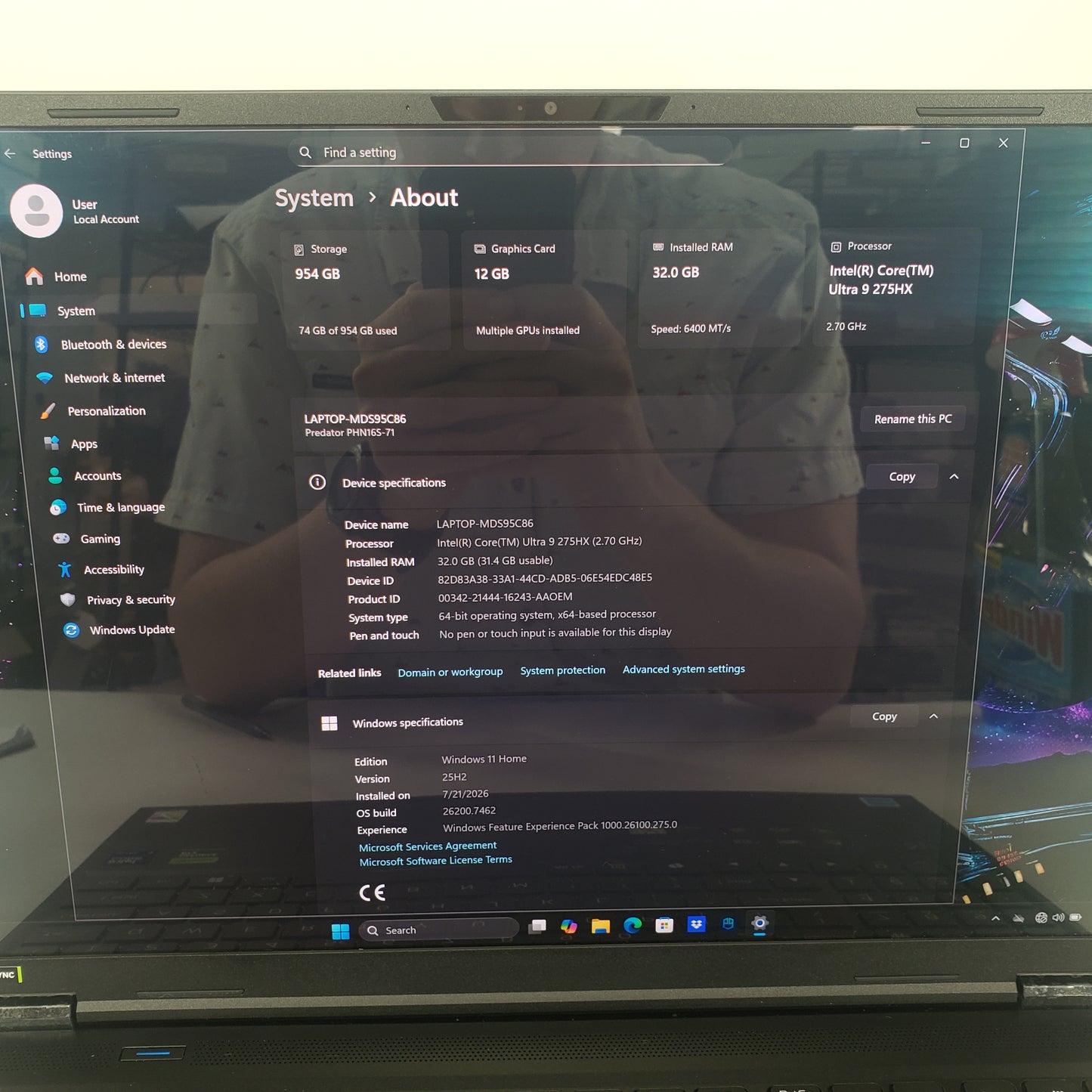 Acer Predator Helios 16 AI MDS95C86 16" Core Ultra 9 275HX 2.7GHz 32GB RAM 1TB SSD GeForce RTX 5070 Ti