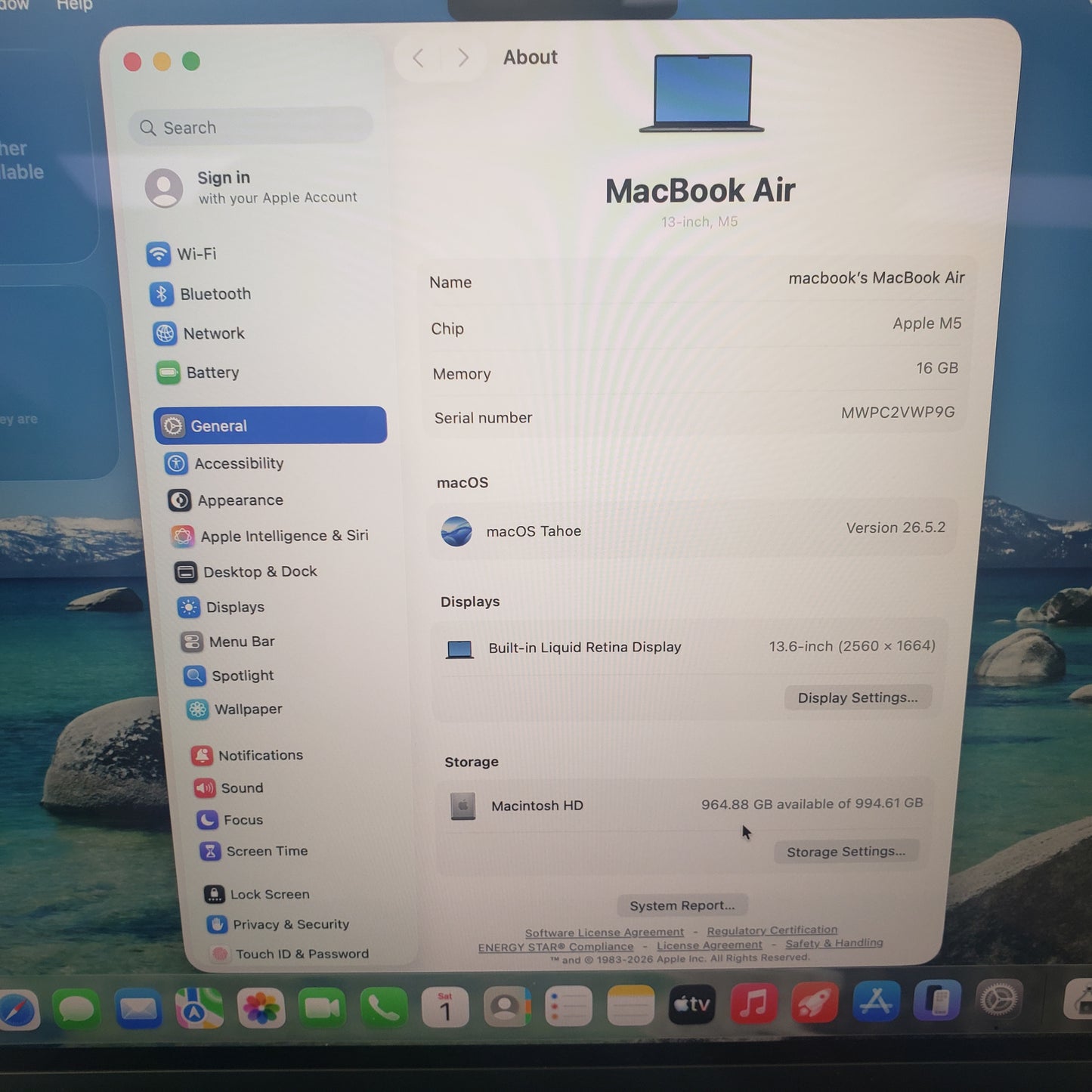 2026 Apple MacBook Air 13" M5 10C GPU 4.6GHz 16GB RAM 1TB SSD MDHF4AB/A