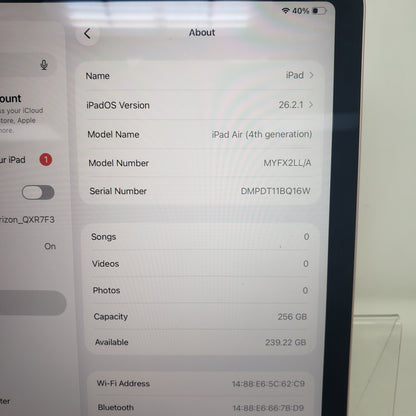 WiFi Only Apple iPad Air 4th Gen 256GB Rose Gold MYFX2LL/A