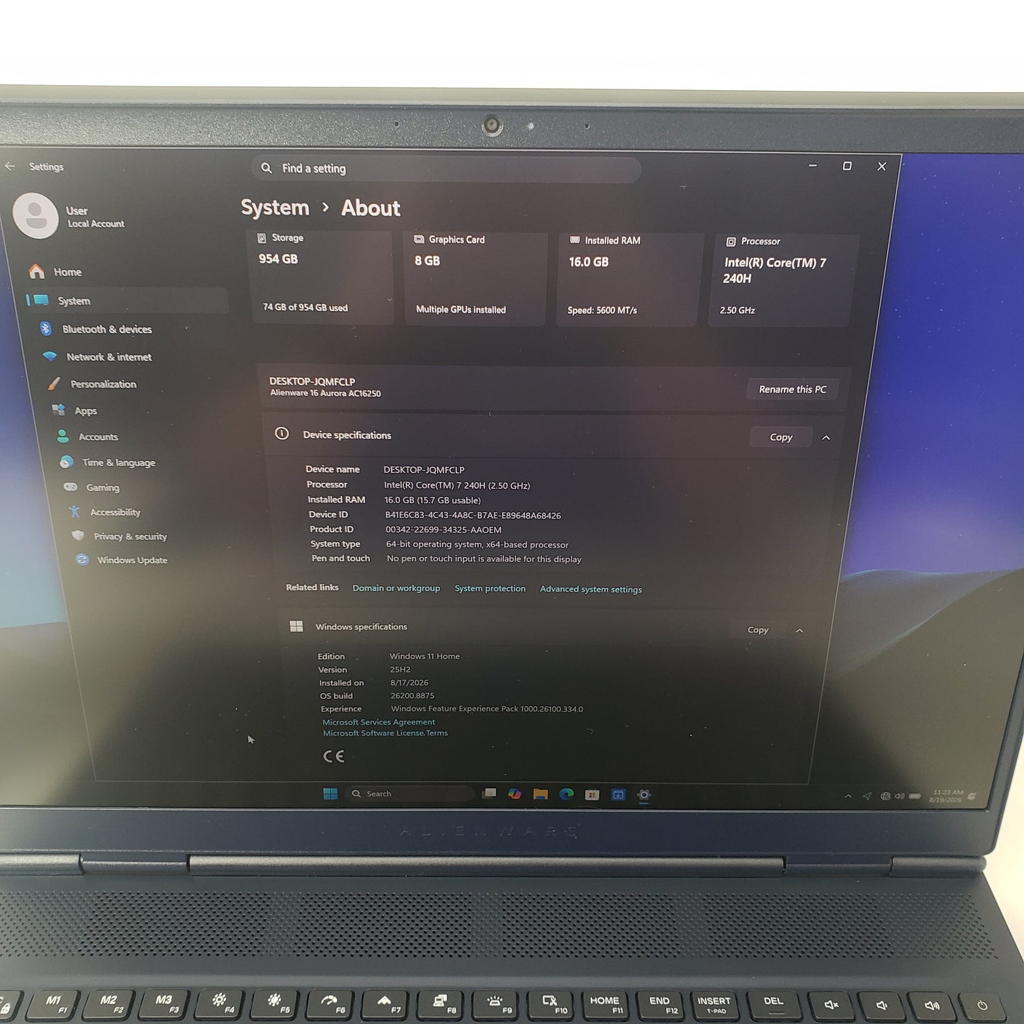 Alienware 16 Aurora AC16250 16" Core 7 240H 2.5GHz 16GB RAM 1TB SSD GeForce RTX 