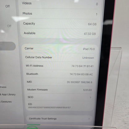 Apple iPad 10th Gen 10.9" 64GB Pink Wi-Fi + Cellular MQ6M3LL/A