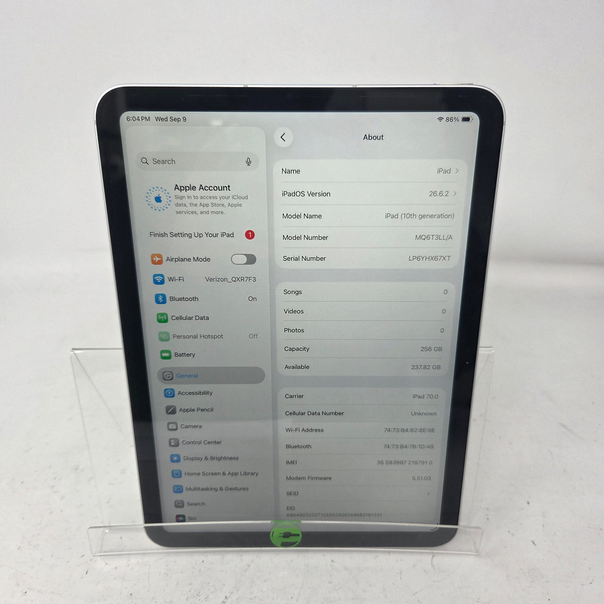 Factory Unlocked Apple iPad 10th Gen 256GB Silver MQ6T3LL/A