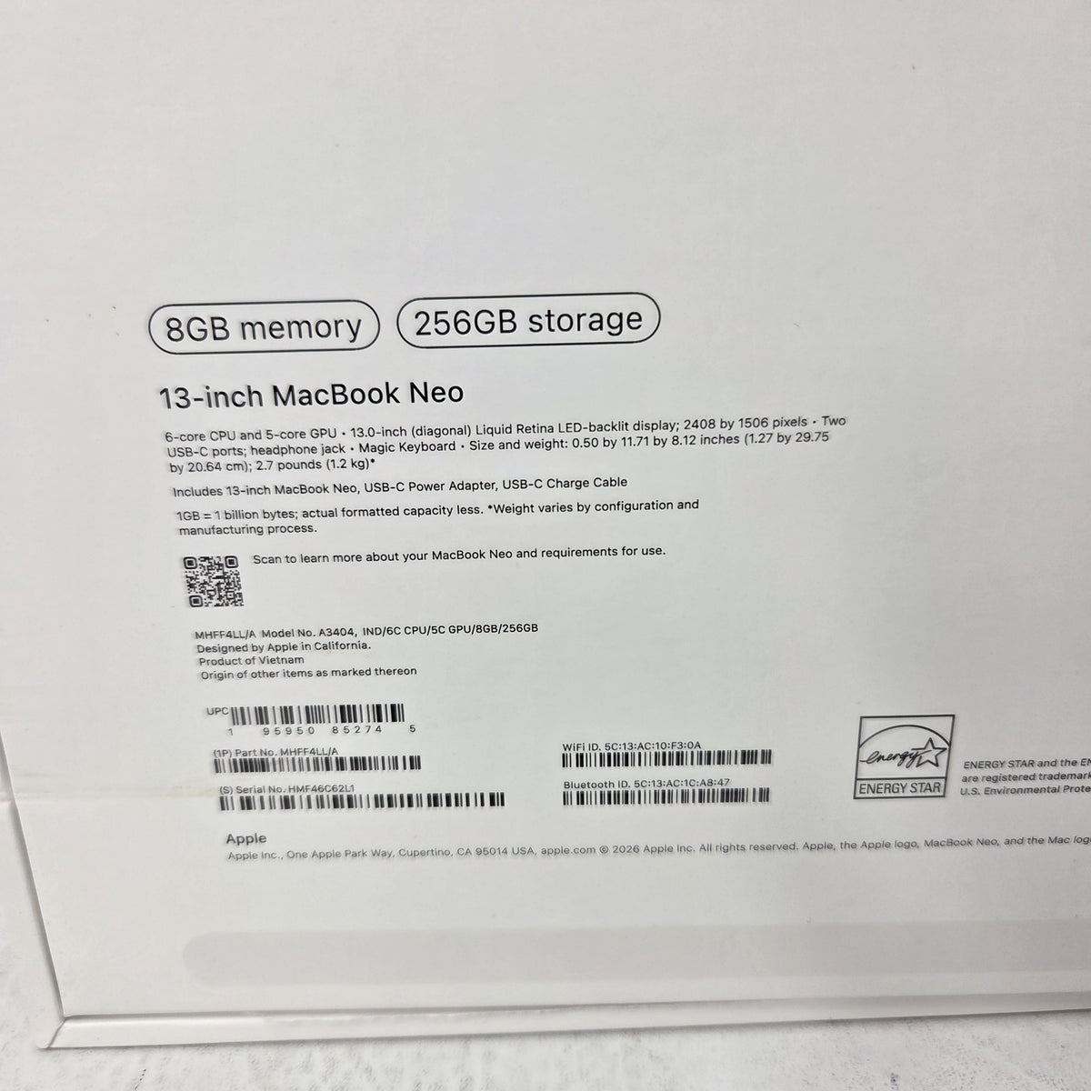 2026 Apple MacBook Neo 13" A18 Pro 5C GPU 4.0GHz 8GB RAM 256GB SSD MHFF4LL/A