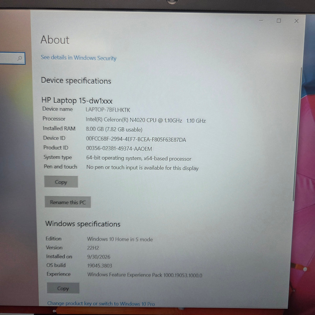 HP Laptop 7BFLHKTK 14" Celeron N4020 1.10Ghz 8GB RAM 128GB SSD