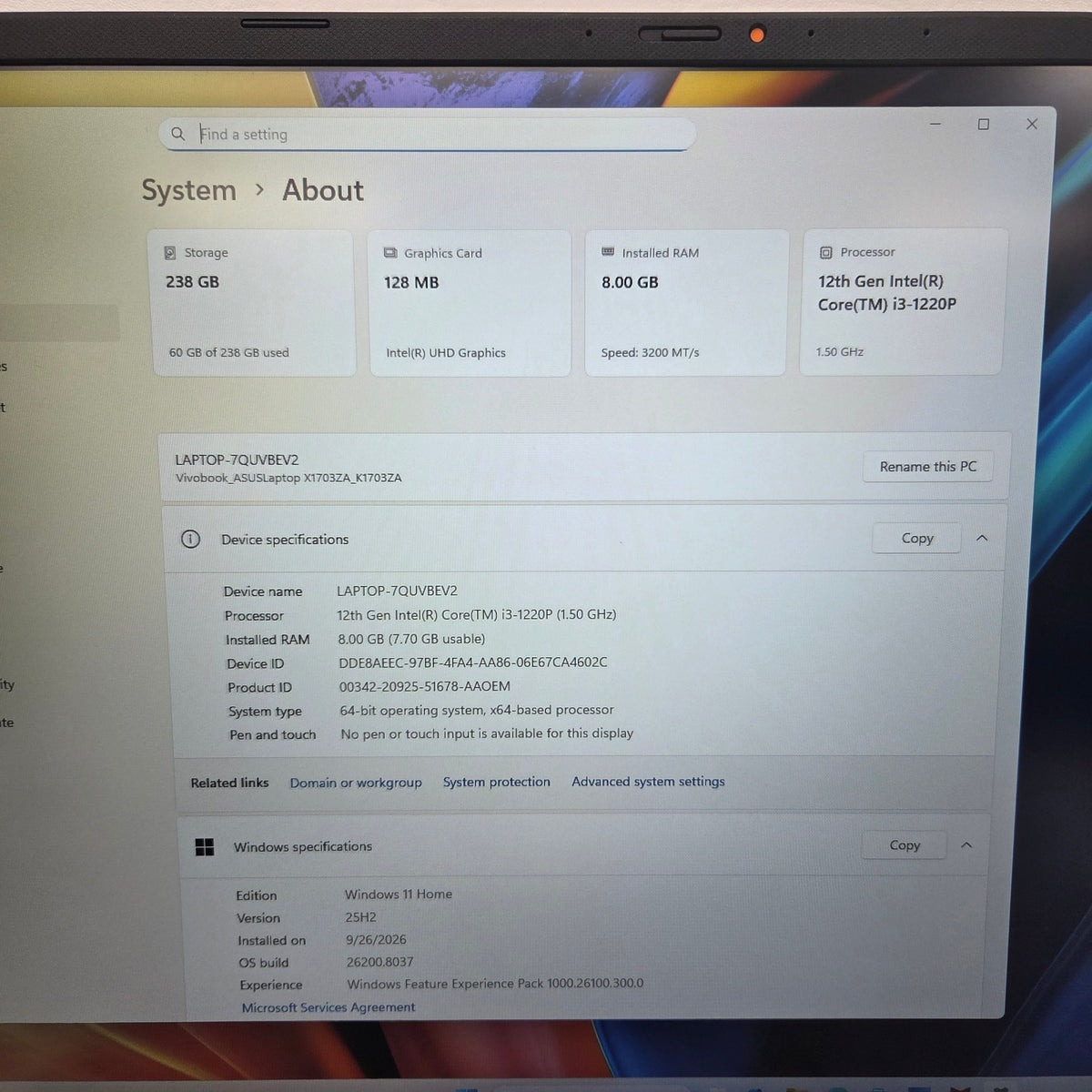 Asus Vivobook 17 X1703ZA 17.3" i3-1220P 1.5GHz 8GB RAM 256GB SSD