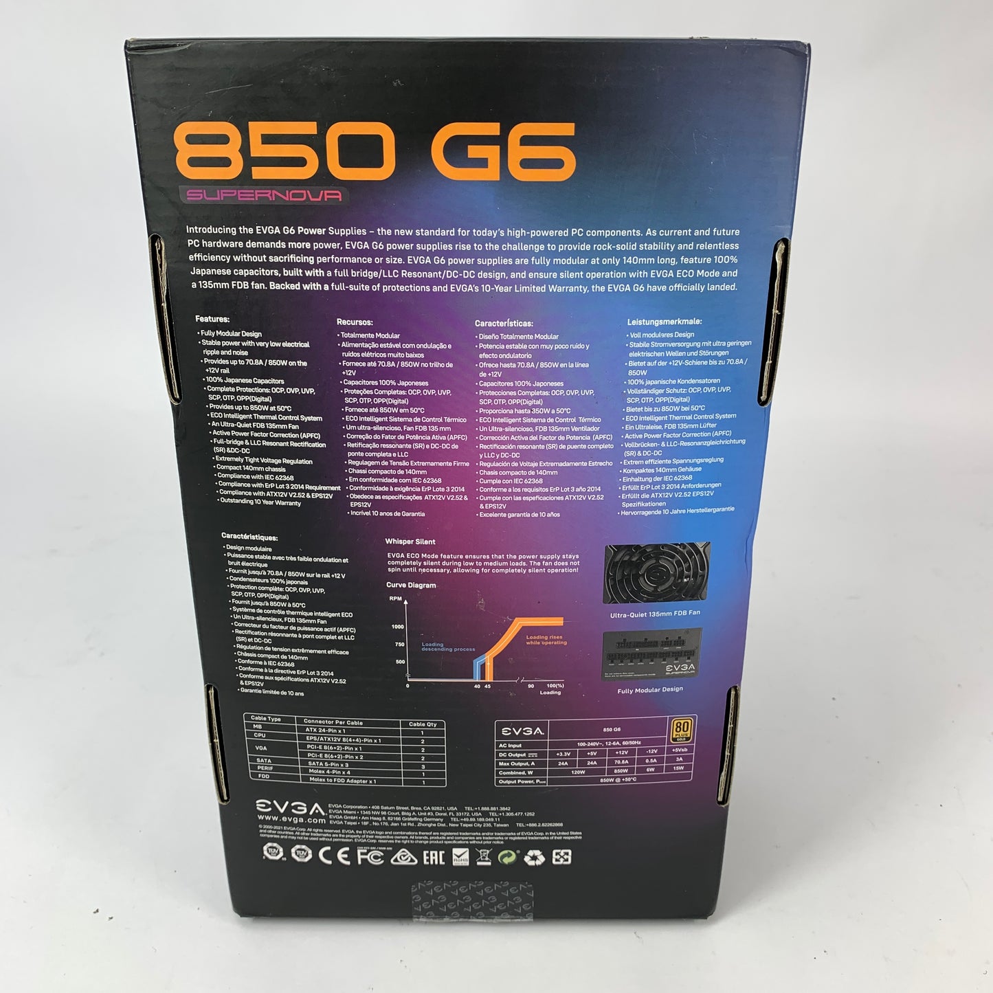 EVGA SuperNOVA 850 G6 220-G6-0850-X1 80 Plus Gold 850W F Power Supply