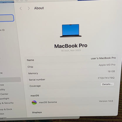 2023 Apple MacBook Pro 14" M3 Pro 14C GPU 4.0GHz 18GB RAM 512GB SSD A2992