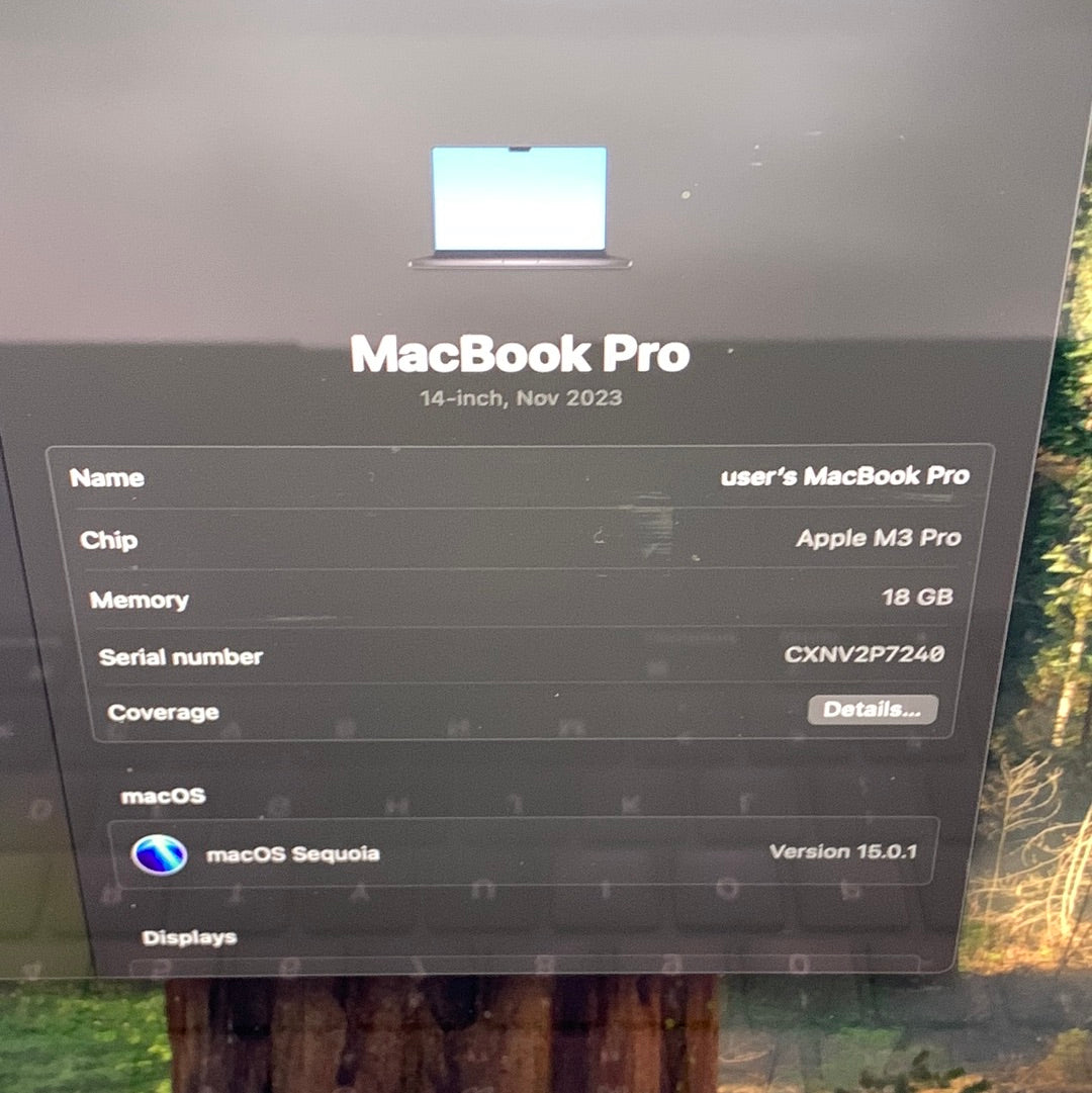 2023 Apple MacBook Pro 14" M3 Pro 4.0GHz 18GB RAM 1TB SSD A2992