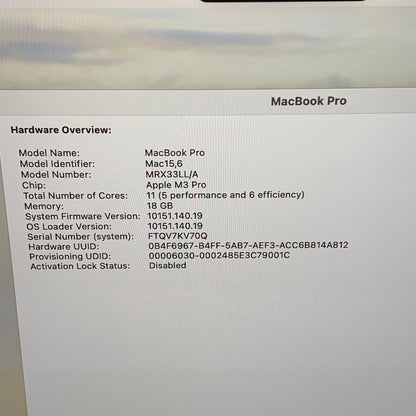 2023 Apple MacBook Pro 14" M3 Pro 14C GPU 4.0GHz 18GB RAM 512GB SSD A2992