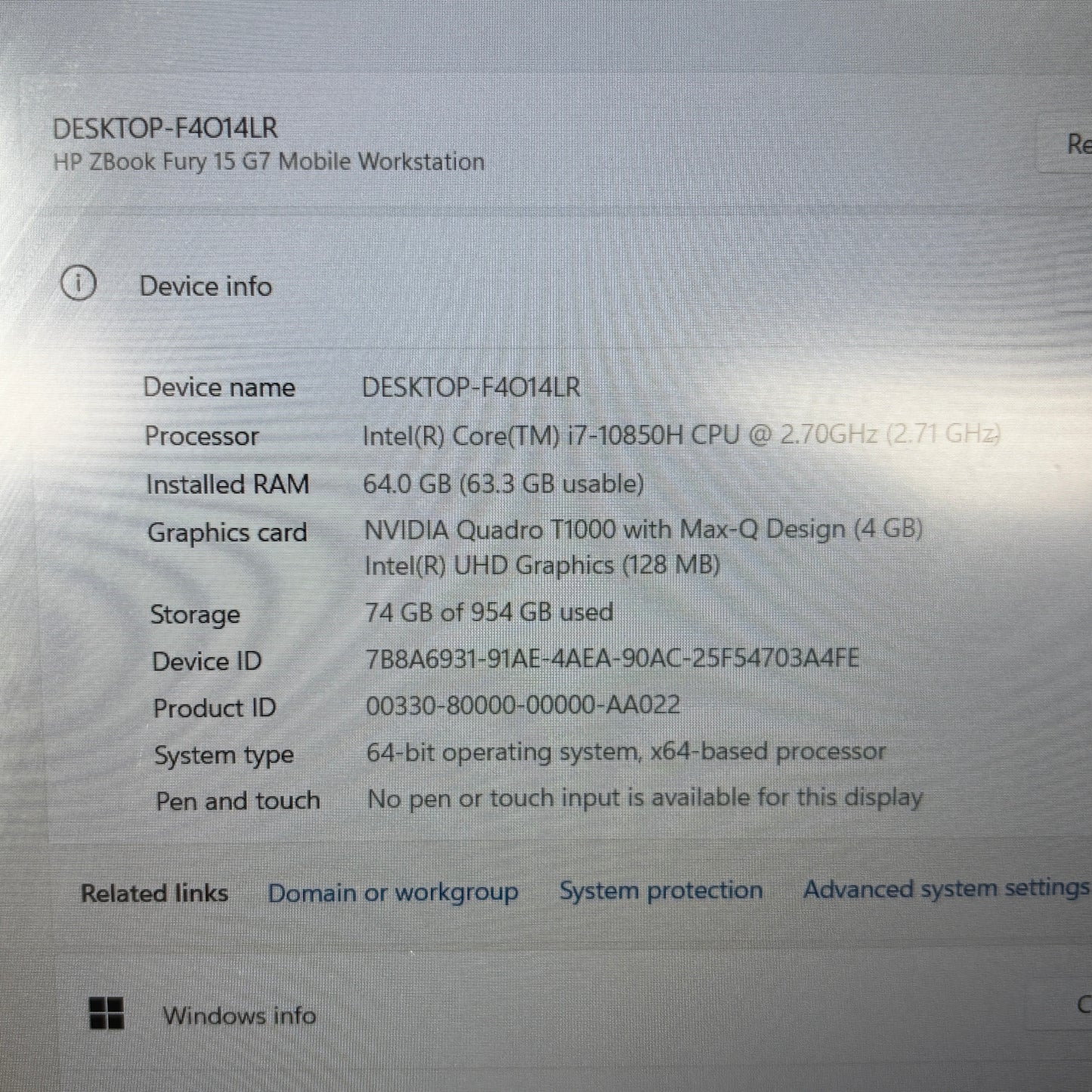 HP ZBook Fury 15 G7 Mobile Workstation 15.6" i7-10850H 2.7GHz 64GB RAM 1TB SSD Quadro T1000