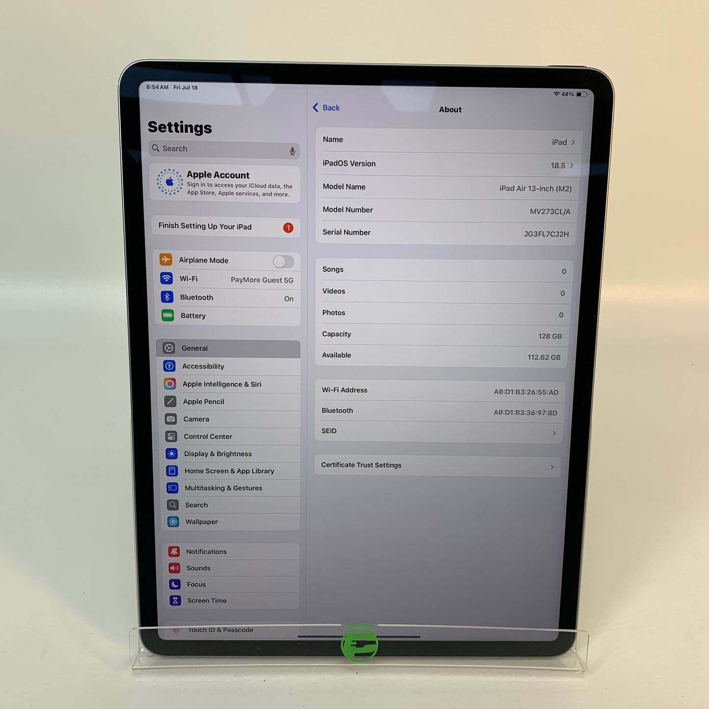 WiFi Only Apple iPad Air 13" M2 128GB 18.5 Space Gray A2898