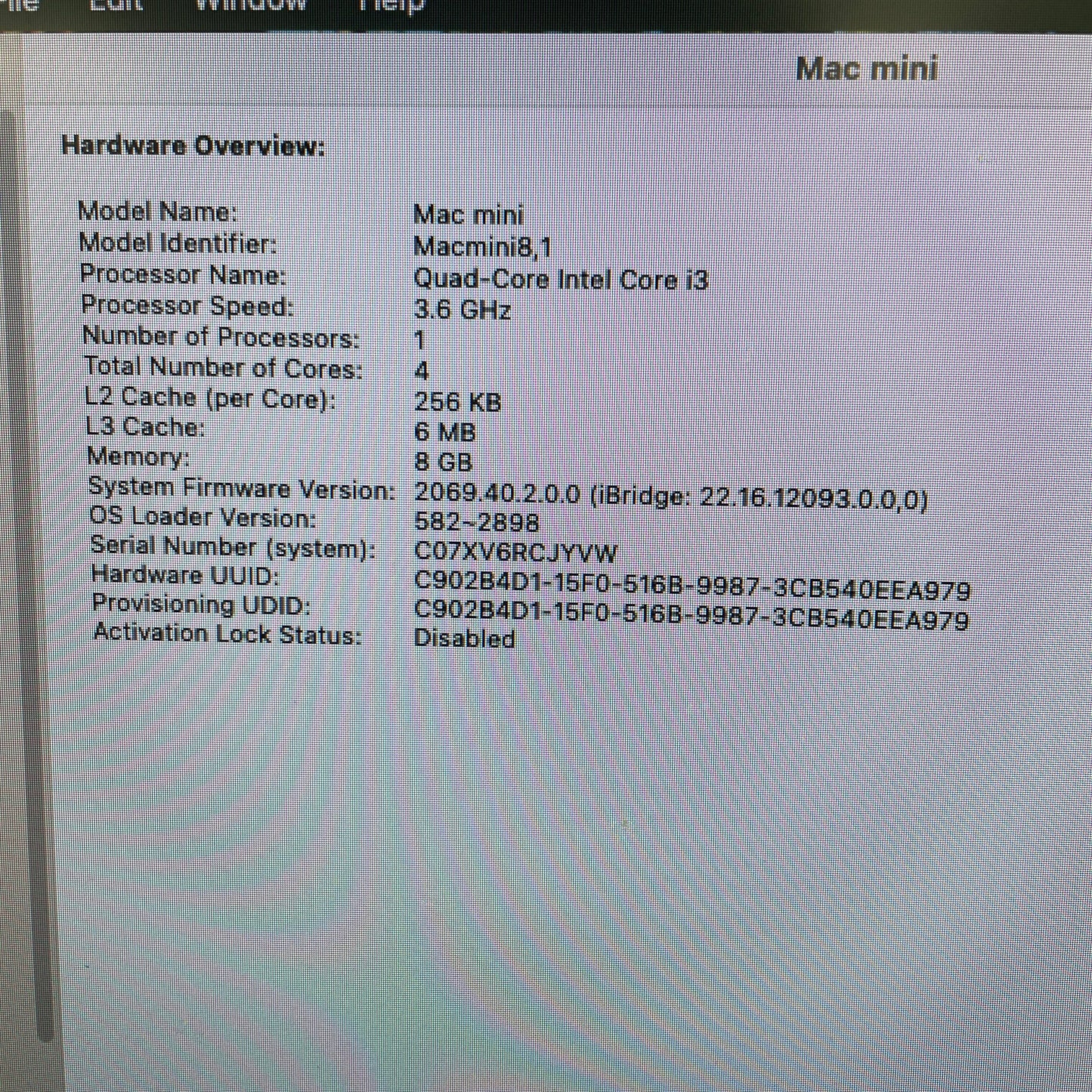 2018 Apple Mac Mini i3 3.6GHz 8GB RAM 128GB SSD Space Gray A1993