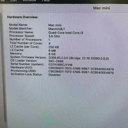 2018 Apple Mac Mini i3 3.6GHz 8GB RAM 128GB SSD Space Gray A1993