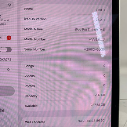 WiFi Only Apple iPad Pro 11" M4 256GB Silver MVV93LL/A