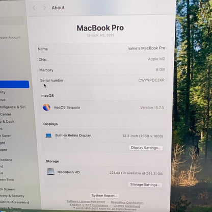 2022 Apple MacBook Pro 13.3" M2 10C GPU 3.5GHz 8GB RAM 256GB SSD A2338