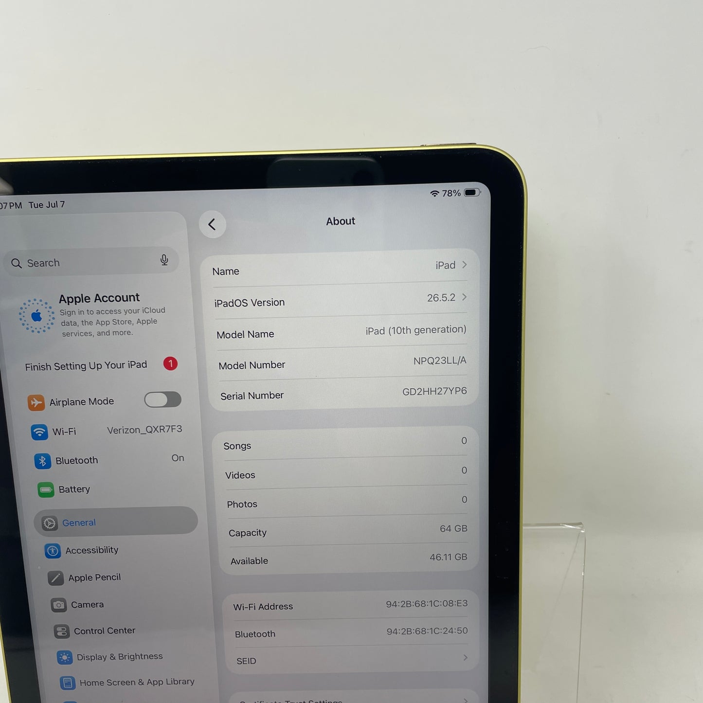 WiFi Only Apple iPad 10th Gen 64GB Yellow NPQ23LL/A