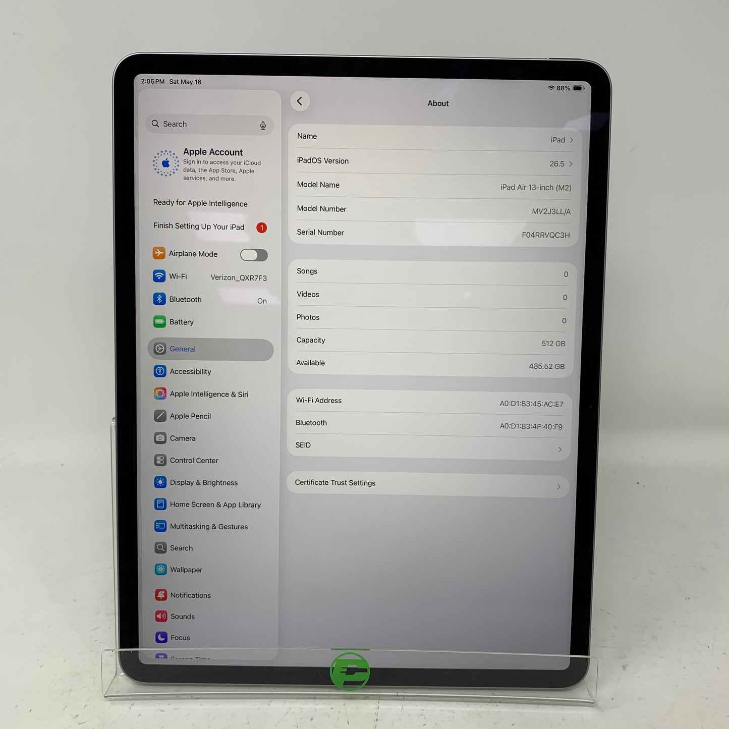 WiFi Only Apple iPad Air 13" M2 512GB Space Gray MV2J3LL/A