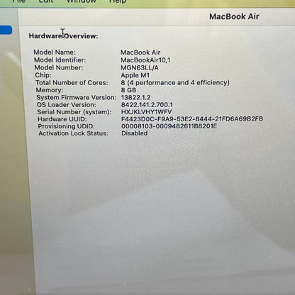 2020 Apple MacBook Air 13.3" M1 7C GPU 3.2GHz 8GB RAM 256GB SSD MGN63LL/A