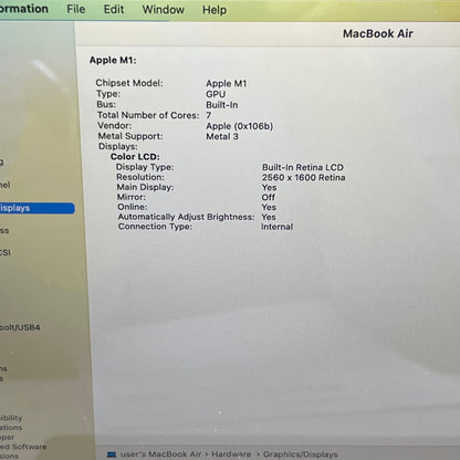 2020 Apple MacBook Air 13.3" M1 7C GPU 3.2GHz 8GB RAM 256GB SSD MGN63LL/A