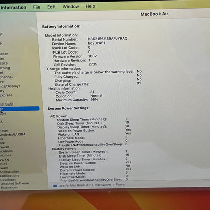 2020 Apple MacBook Air 13.3" M1 7C GPU 3.2GHz 8GB RAM 256GB SSD MGN63LL/A