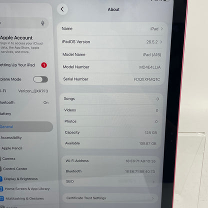 WiFi Only Apple iPad 11" (A16) 128GB Pink MD4E4LL/A