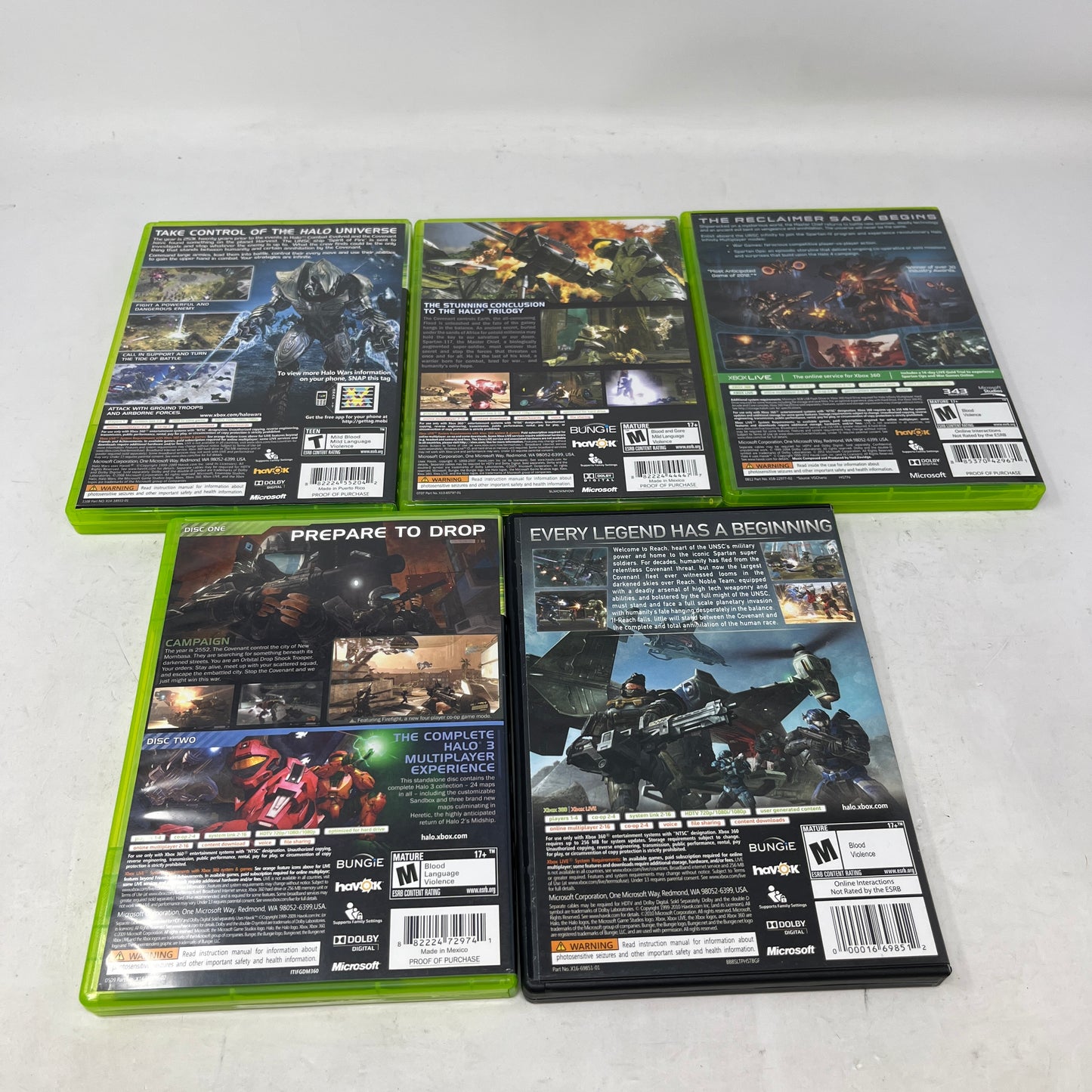 Lot of 5 Microsoft Xbox 360 Halo Wars, Halo 3, Halo 4, Halo 3: ODST & Halo Reach