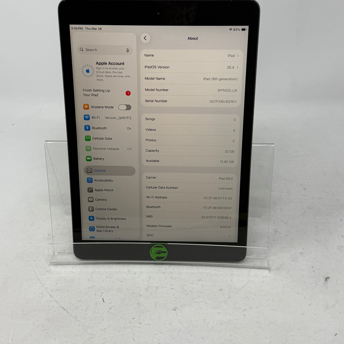 Unlocked Apple iPad 8th Gen 32GB Space Gray MYN32LL/A