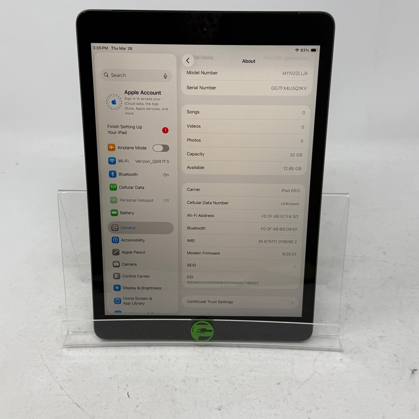 Unlocked Apple iPad 8th Gen 32GB Space Gray MYN32LL/A