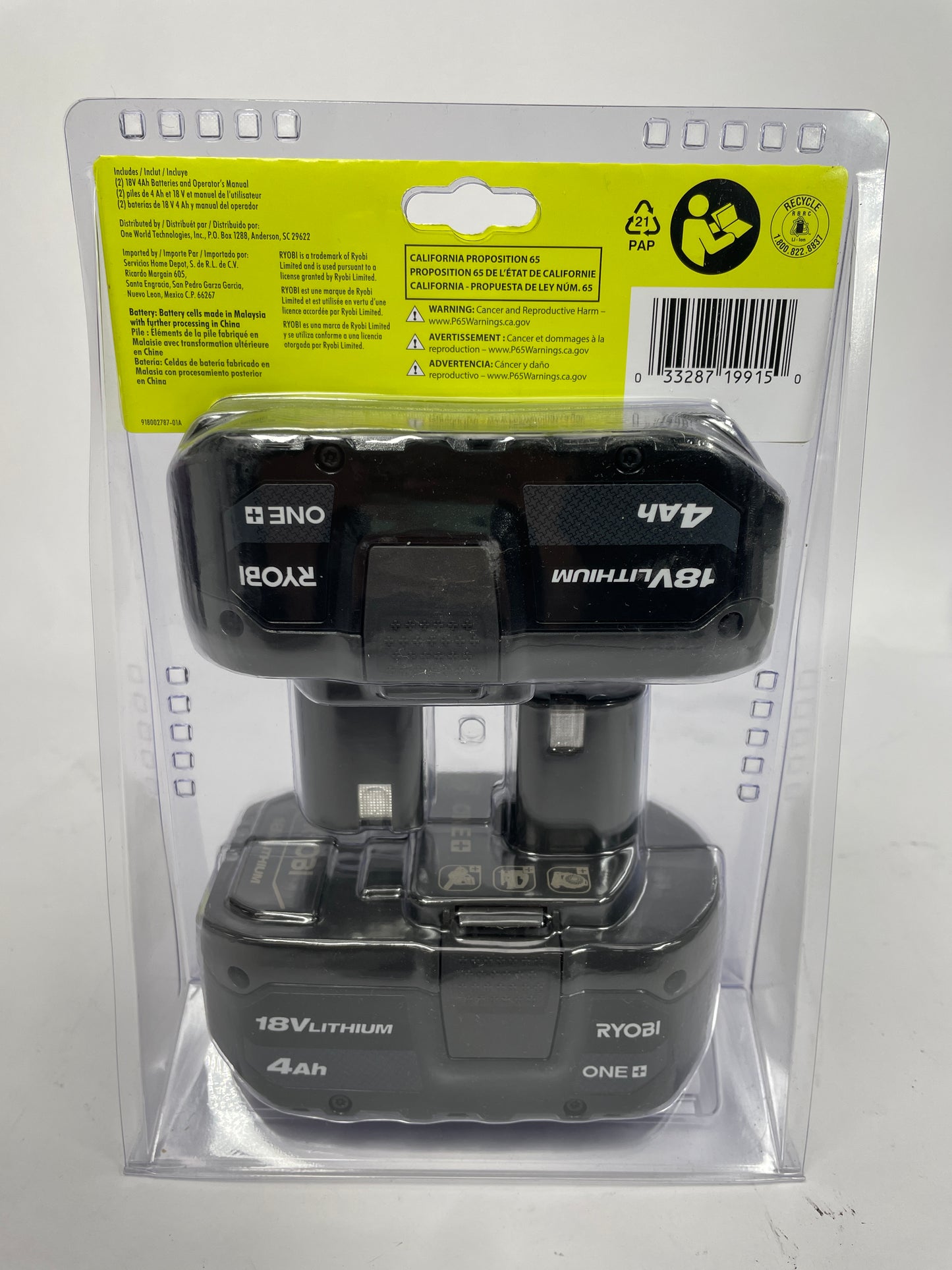 New Ryobi 18V ONE+ 4.0 Ah Lithium-Ion Battery (2-Pack) PBP2005