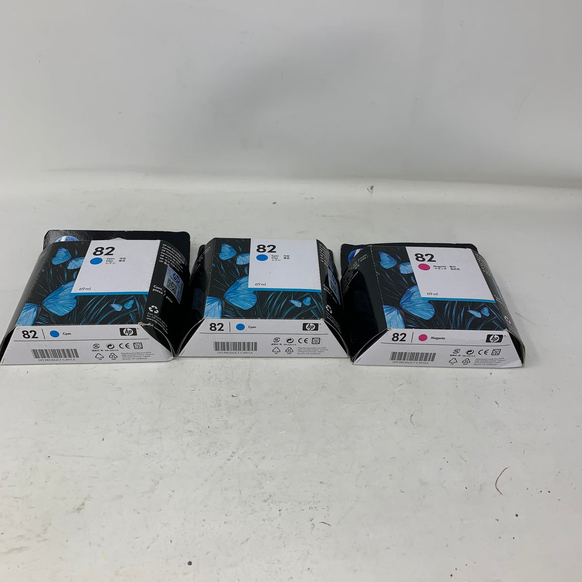 Lots Of 3 New HP 82 C4911A/C4912A 2 Cyan 1 Magenta Ink Cartridge