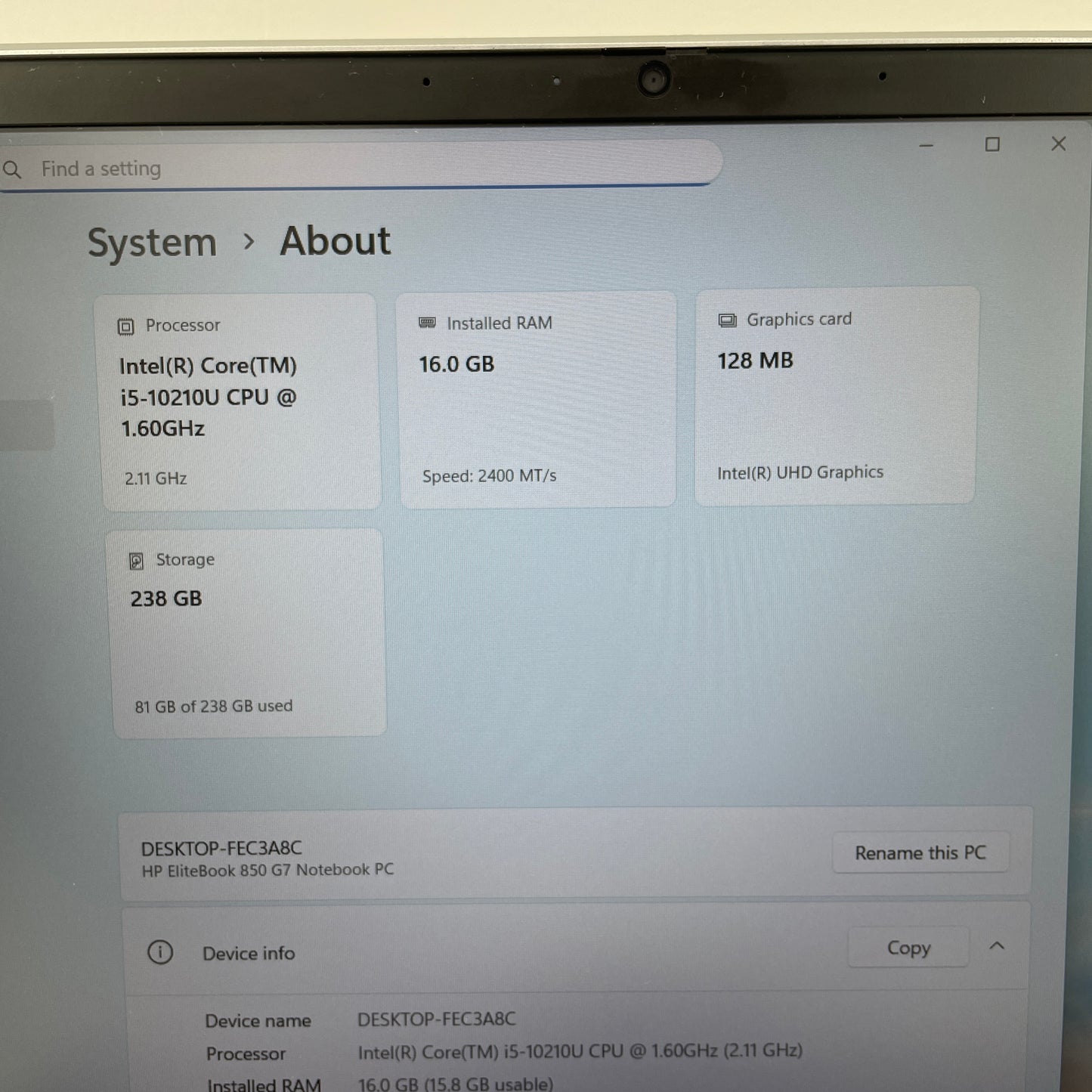 HP EliteBook FEC3A8C 14" I5-10210U 1.6GHz 16GB RAM 256GB SSD