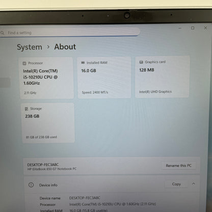 HP EliteBook FEC3A8C 14" I5-10210U 1.6GHz 16GB RAM 256GB SSD