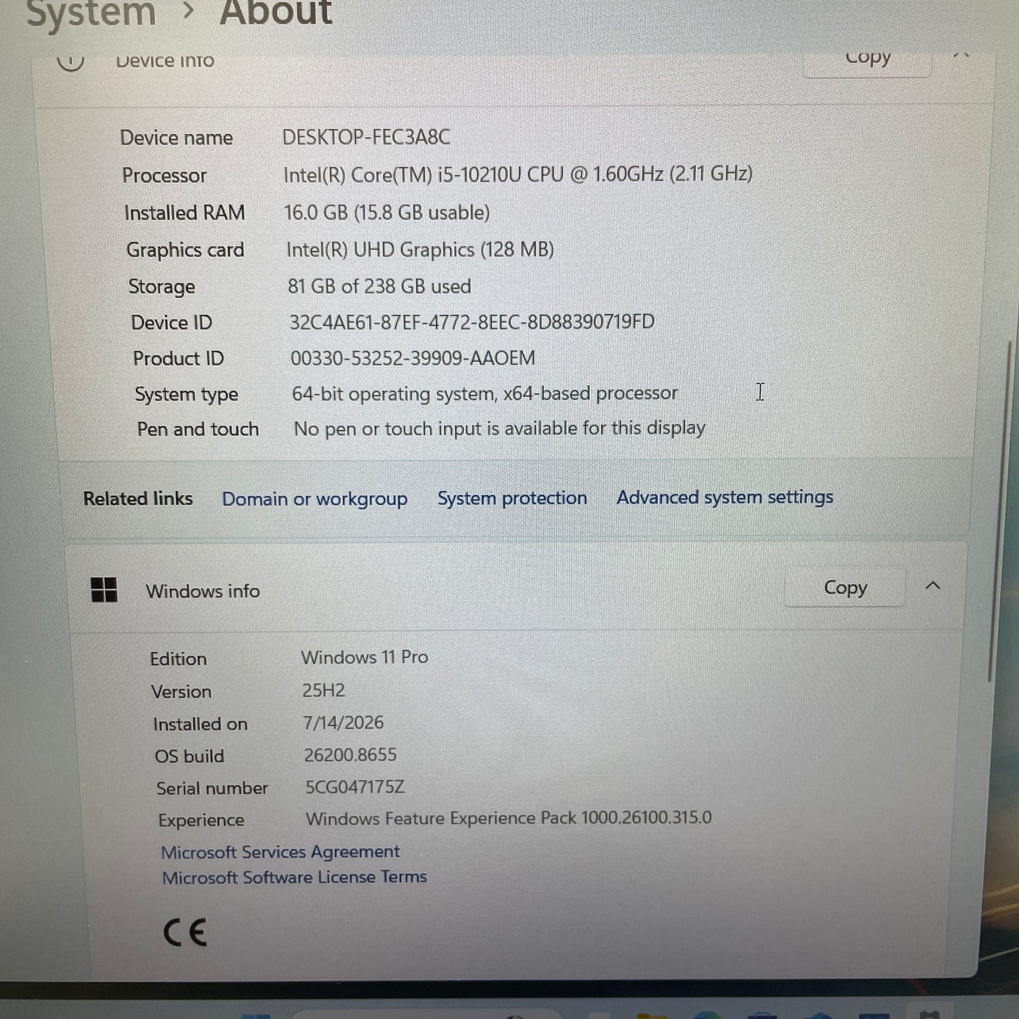 HP EliteBook FEC3A8C 14" I5-10210U 1.6GHz 16GB RAM 256GB SSD