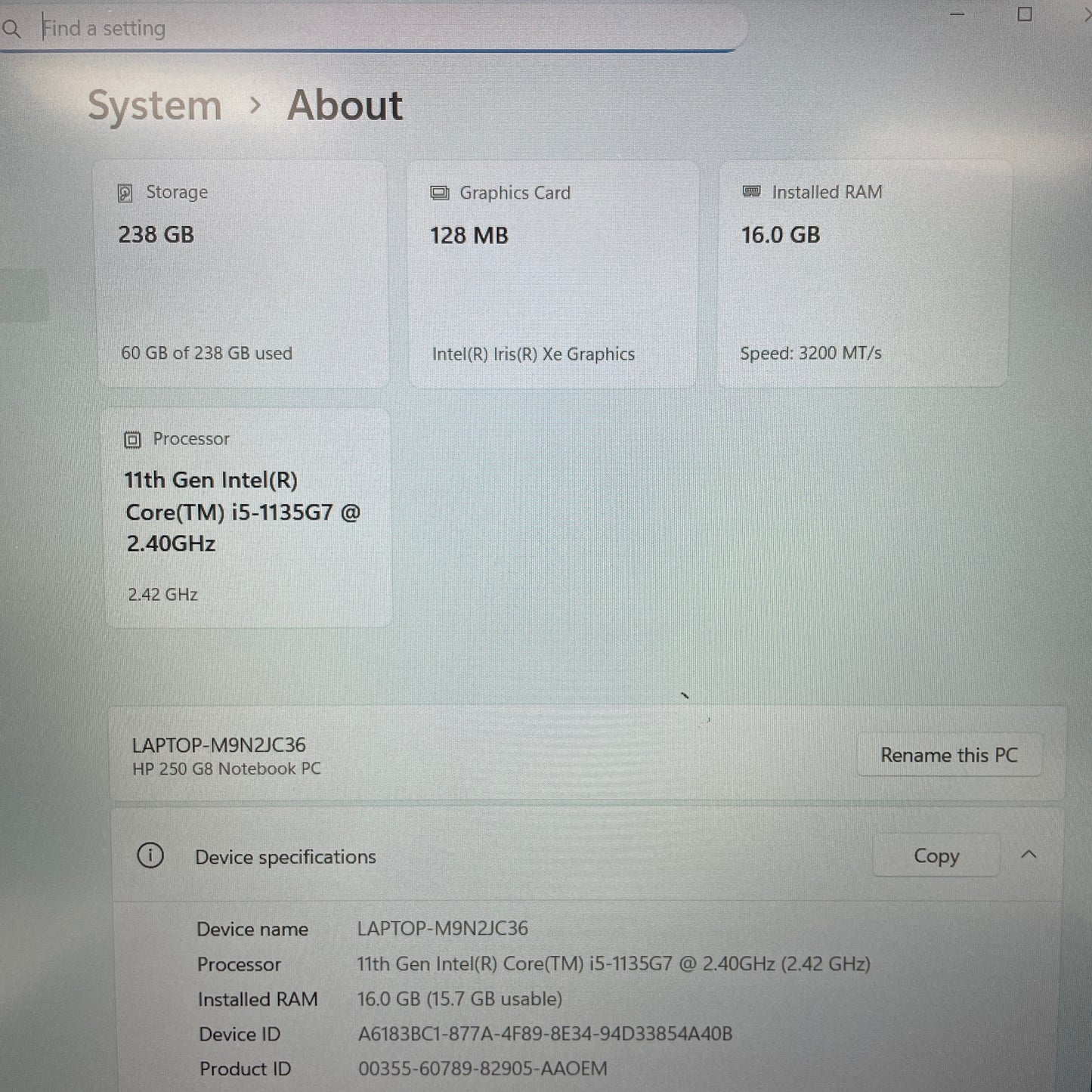 HP NoteBook 250 G8 15.6" i5-1135G7 2.4GHz 16GB RAM 256GB SSD