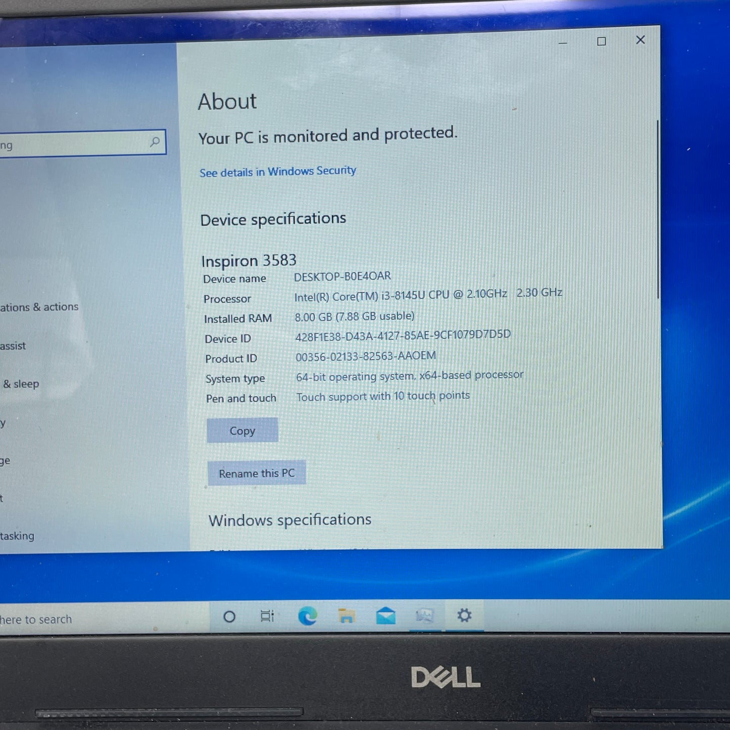 Dell Inspiron 3583 15.6" i3-8145u 2.1GHz 8GB RAM 128GB SSD