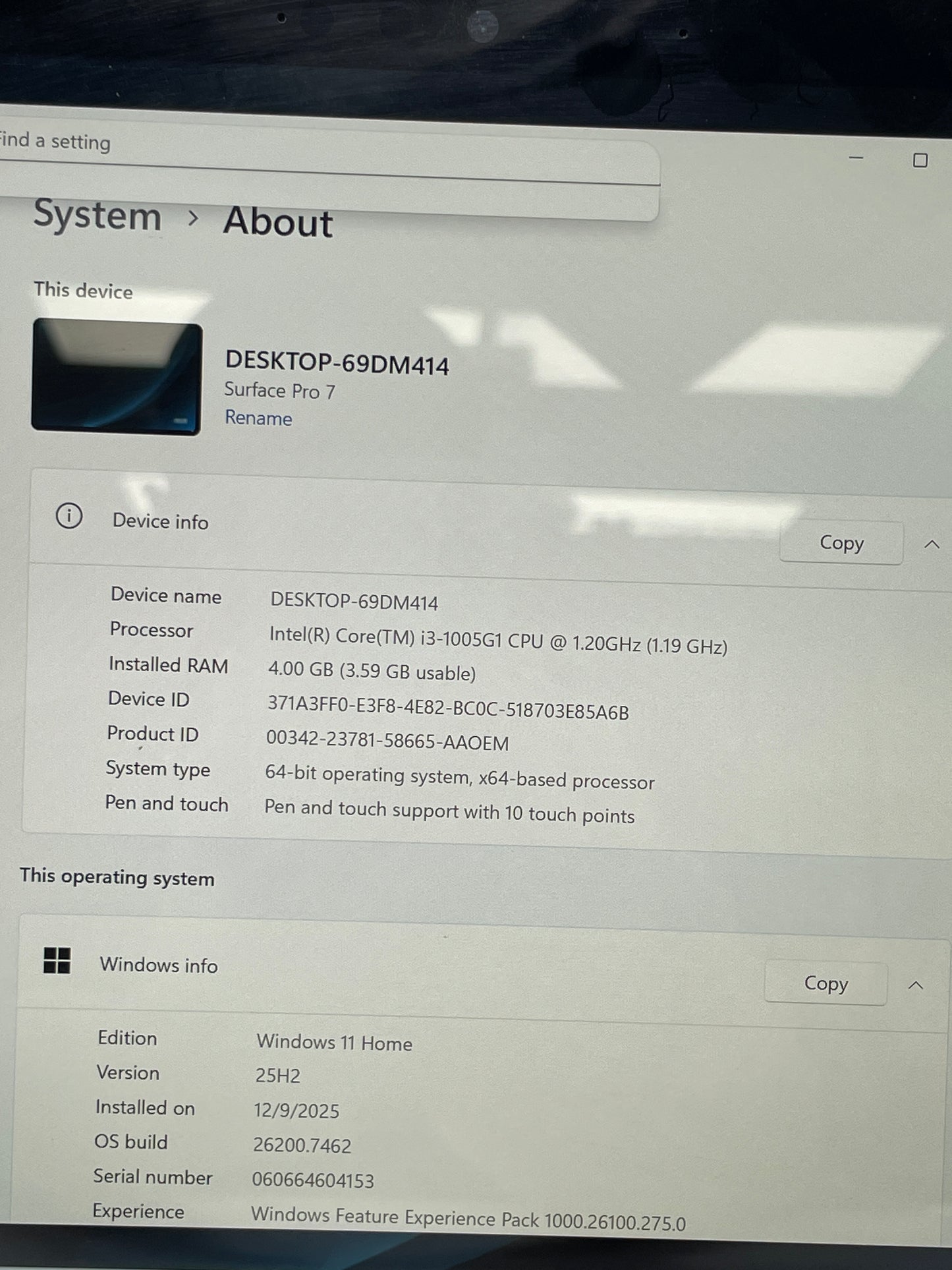 Microsoft Surface Pro 7 1866 12.3" i3-1005G1 1.2GHz 4GB RAM 128GB SSD Intel(R)