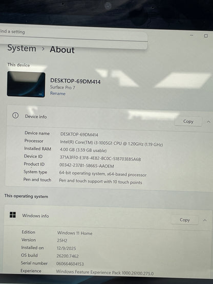 Microsoft Surface Pro 7 1866 12.3" i3-1005G1 1.2GHz 4GB RAM 128GB SSD Intel(R)