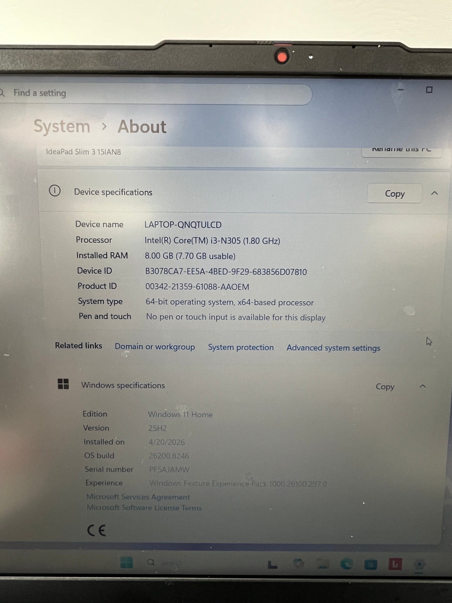 Lenovo Ideapad 3 Slim 15IAN8 15.6" i3-N305 1.8GHz 8GB RAM 256GB SSD