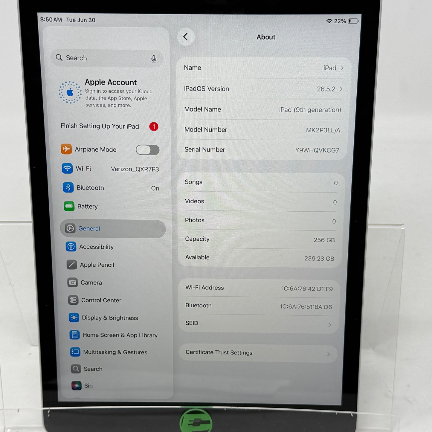 WiFi Only Apple iPad 9th Gen 256GB Silver MK2P3LL/A