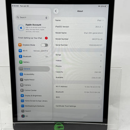 WiFi Only Apple iPad 9th Gen 256GB Silver MK2P3LL/A
