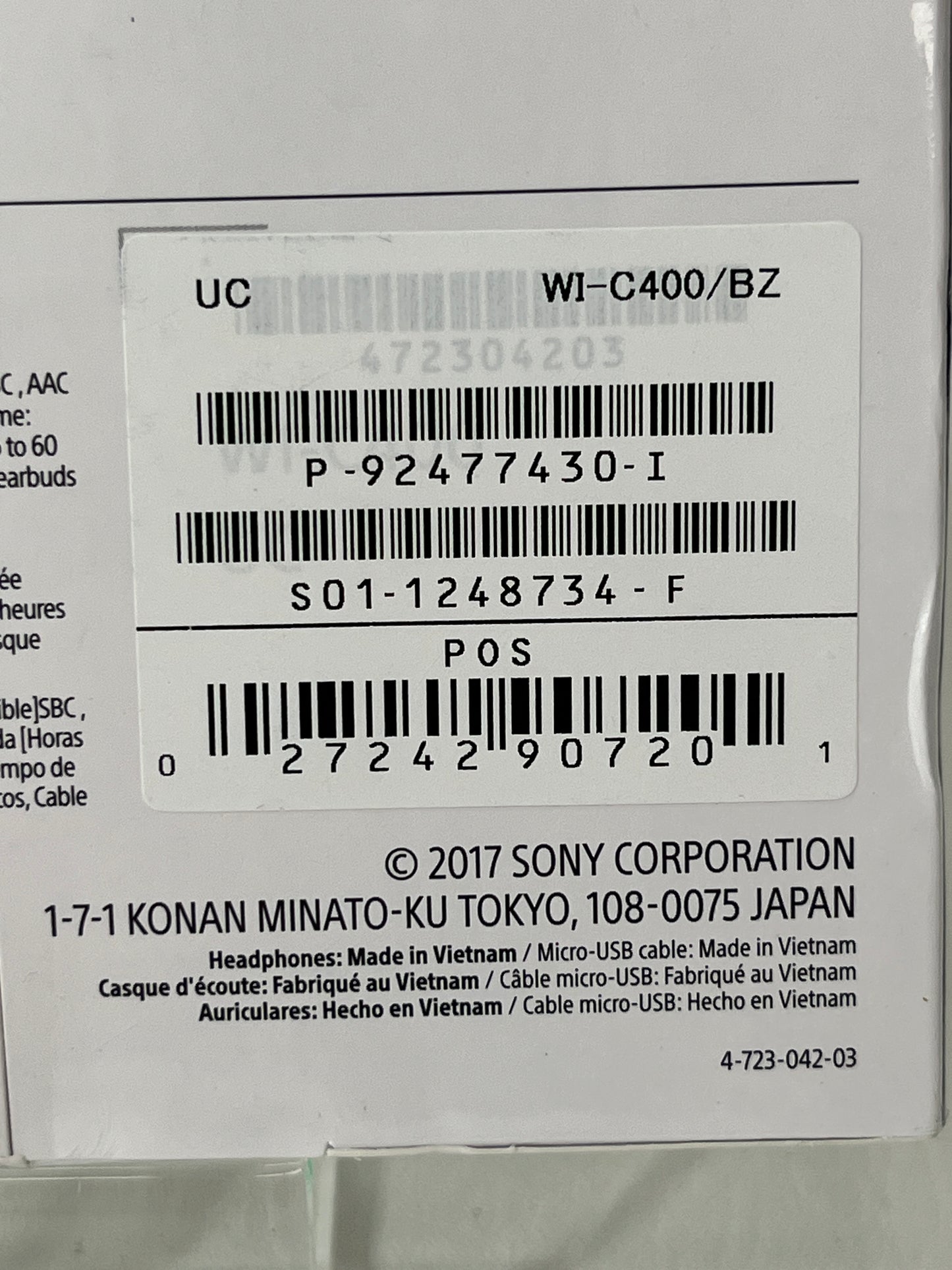 New Sony WI-C400 Wireless Stereo Headset Black/Beige WIC400/B