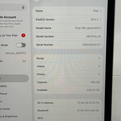 WiFi Only Apple iPad 9th Gen 256GB Silver MK2P3LL/A
