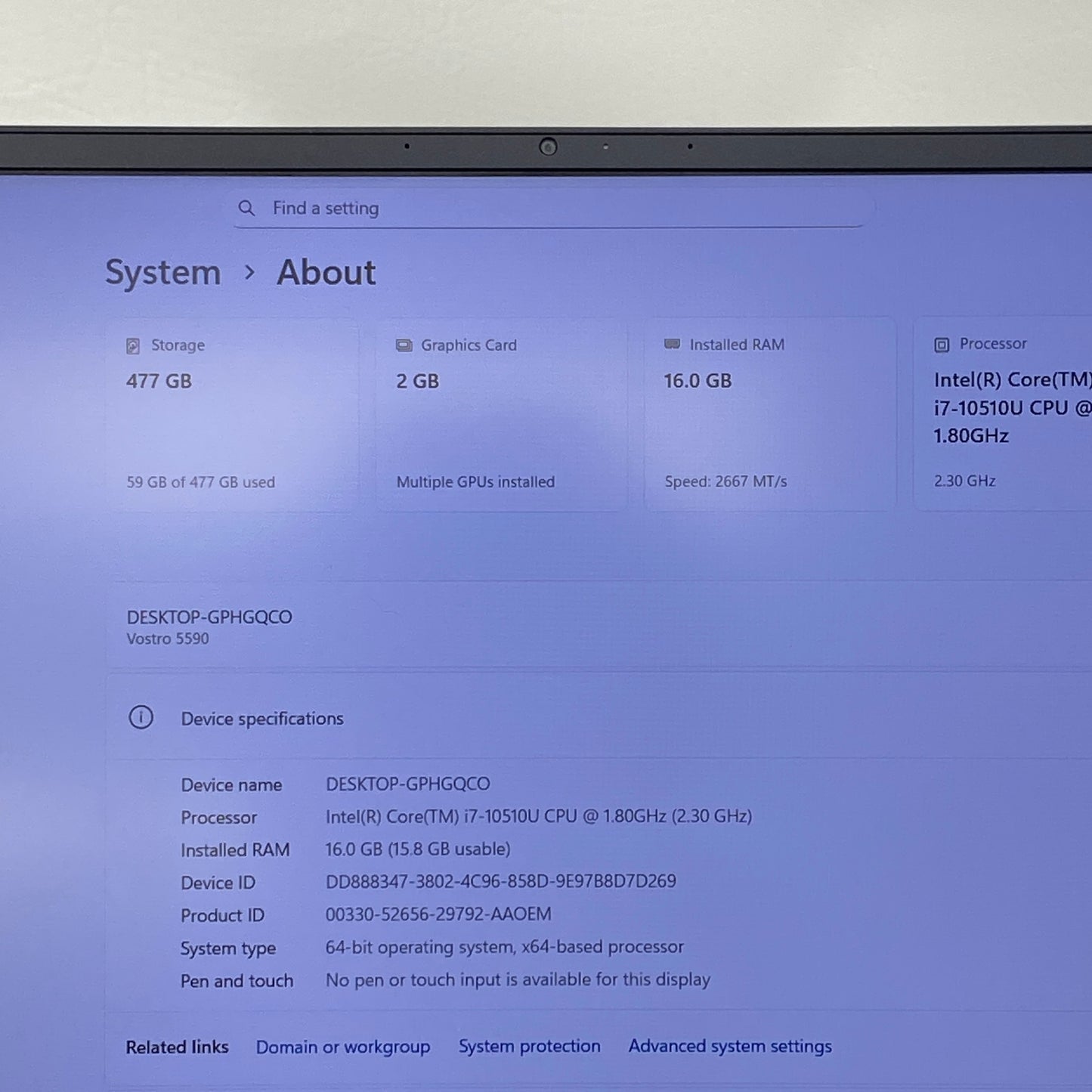 Dell Vostro 5590 15.6" i7-10510U 1.8GHz 16GB RAM 512GB SSD GeForce MX250