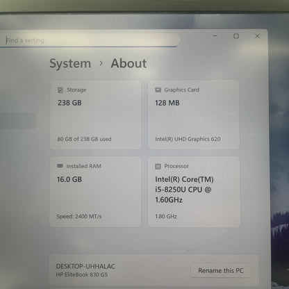 HP EliteBook 830 G5 14" i5-8250U 1.6GHz 16GB RAM 256GB SSD