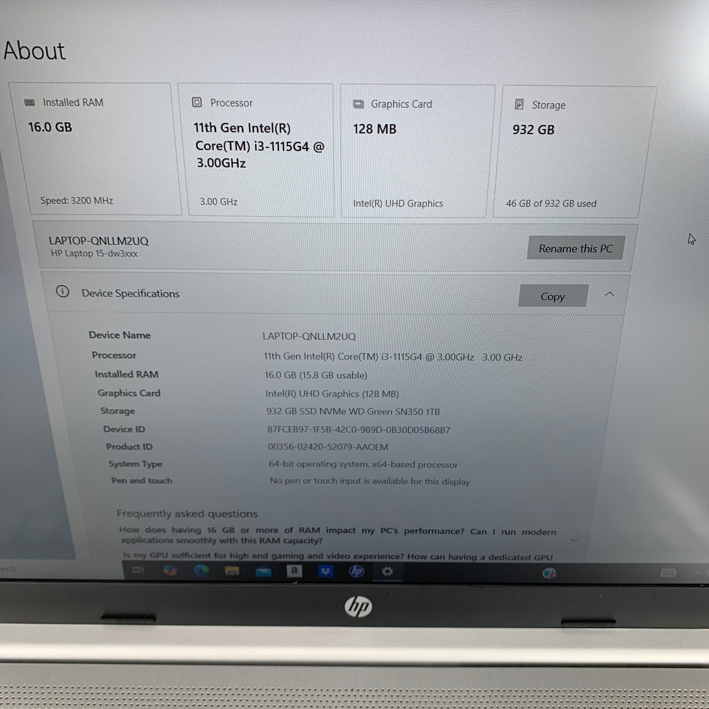 HP Laptop QNLLM2UQ 15.6" i3-1115G4 3.0GHz 16GB RAM 1TB SSD